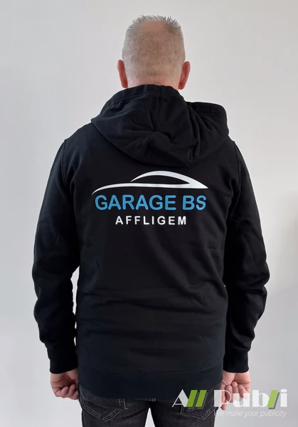 Zwarte hoodie met blauwe en witte rugbedrukking van Garage BS Affligem