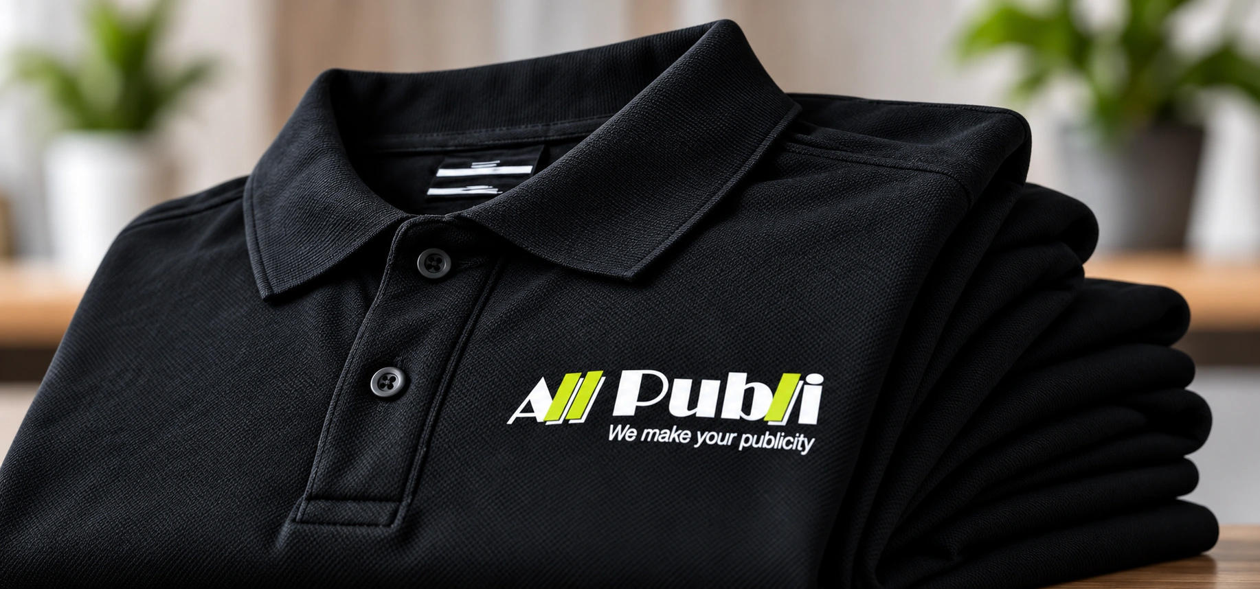 Stapel zwarte polo’s met het witte en groene All Publi-logo op de borst
