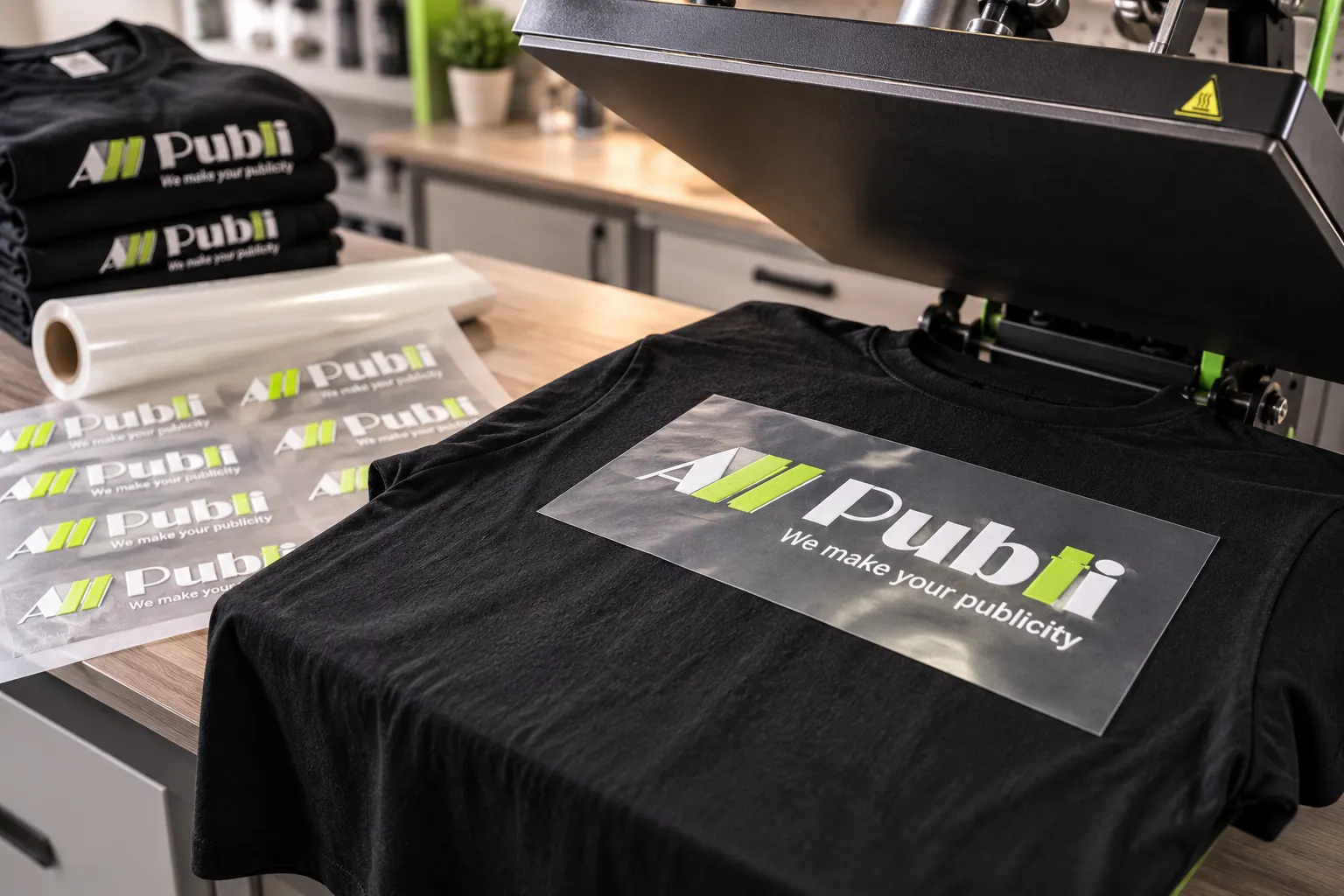 DTF transfer met All Publi logo aangebracht op zwart textiel met hittepers