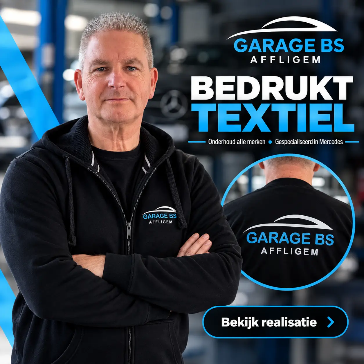 Zwarte werkkleding voor Garage BS Affligem met bedrijfslogo, bedrukt door All Publi