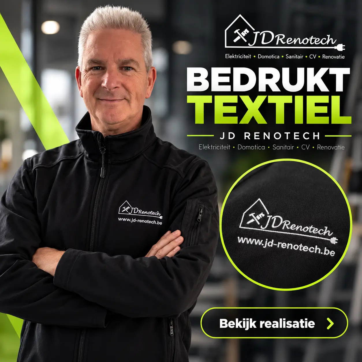Bedrukte werkkleding voor JD-Renotech met bedrijfslogo, gerealiseerd door All Publi