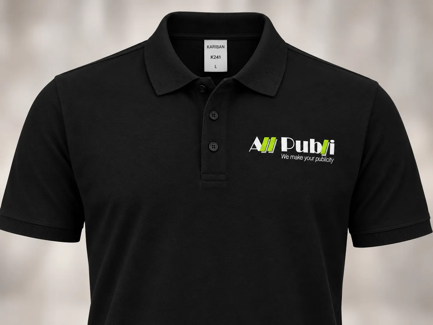 Zwarte Kariban K241 heren polo bedrukt met All Publi logo