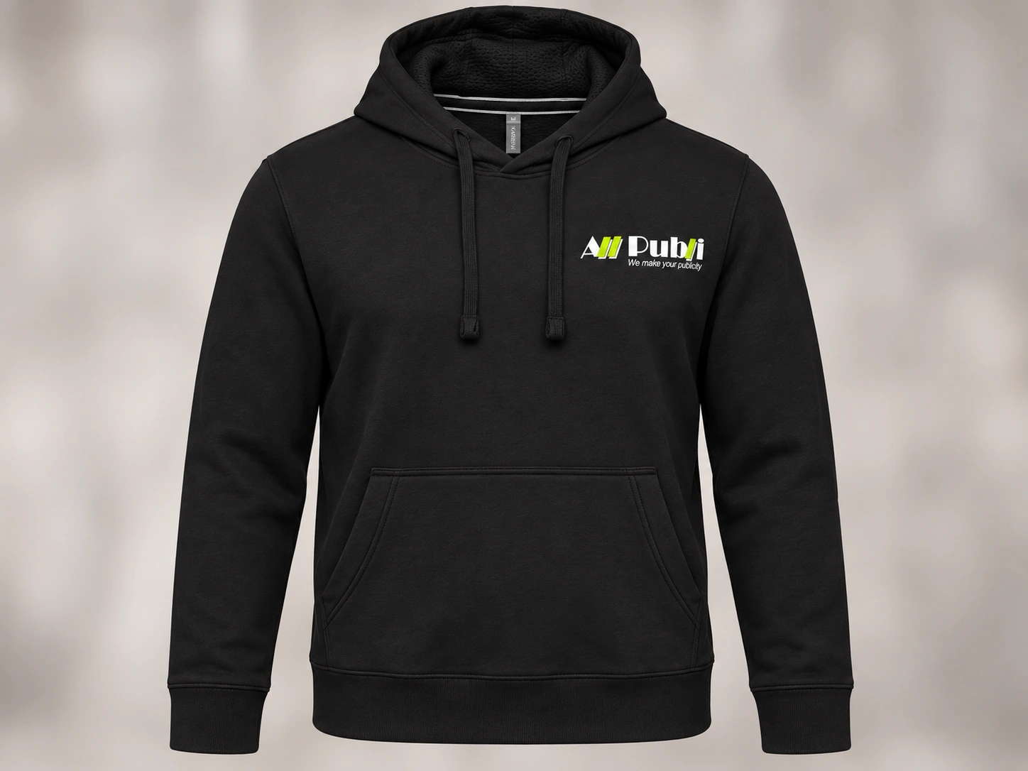 Zwarte Kariban K489 hoodie met capuchon, buidelzak en All Publi-logo op de borst