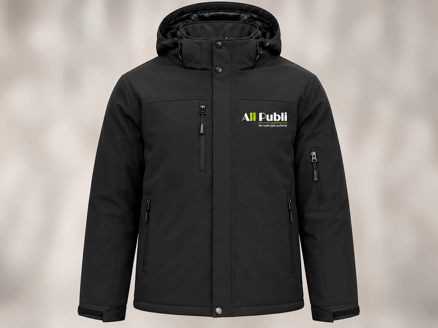 Zwarte Kariban K650 softshell parka bedrukt met All Publi logo