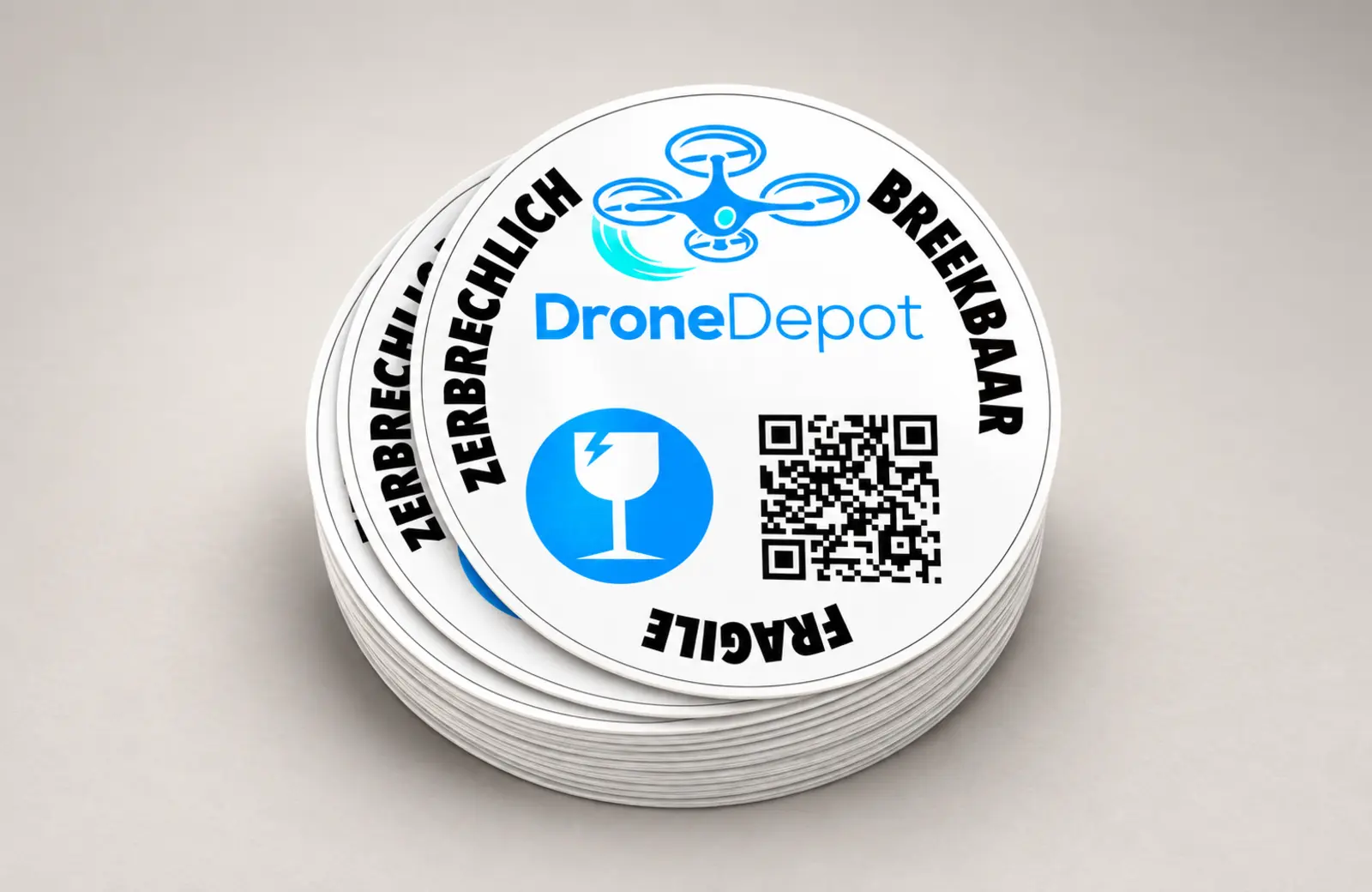 Stapel professioneel gedrukte ronde DroneDepot-stickers