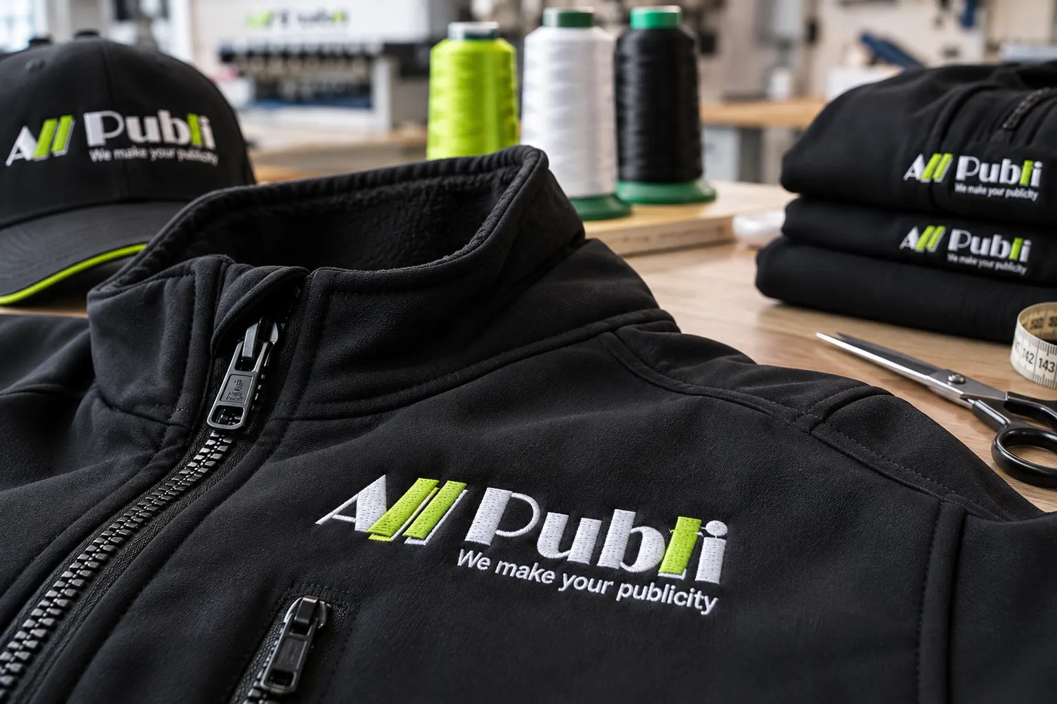 Zwarte bedrijfskleding geborduurd met het All Publi logo