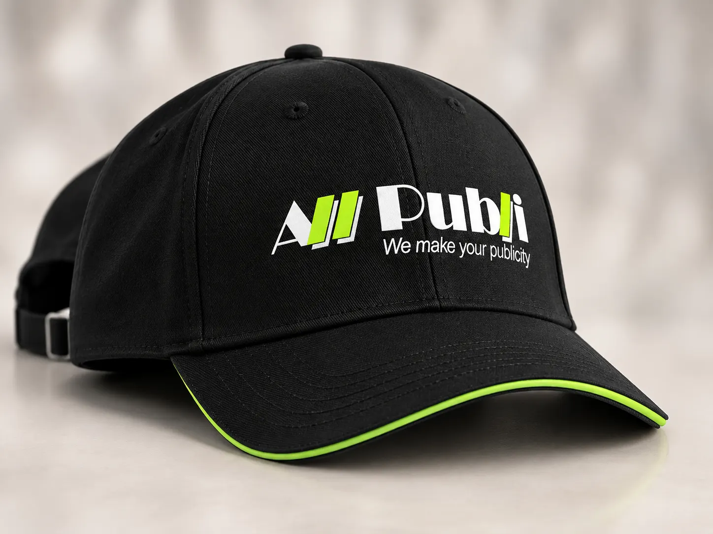 Zwarte pet bedrukt met All Publi logo als voorbeeld van gepersonaliseerde bedrijfskleding